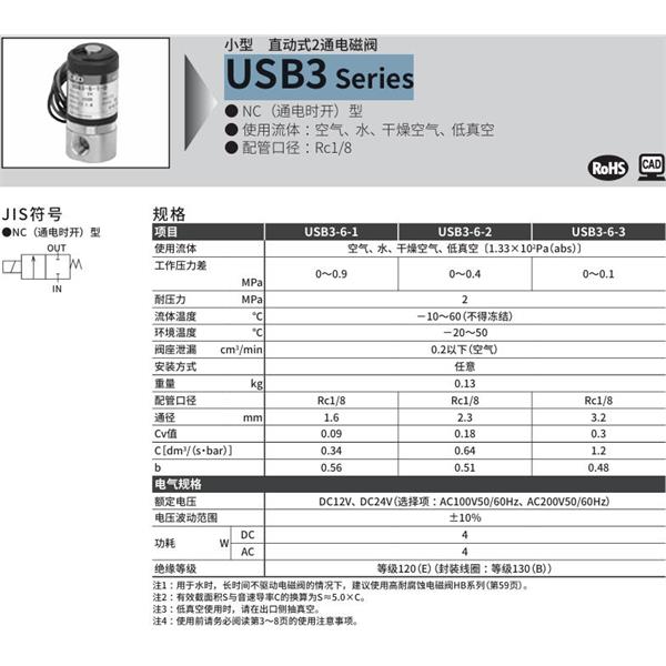 CKD喜開(kāi)理多種流體小型直動(dòng)式2通電磁閥USB3-6-3-B-DC24V