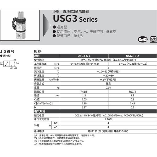 CKD喜開理多種流體小型直動式2通電磁閥USG3-6-1-W-AC200V