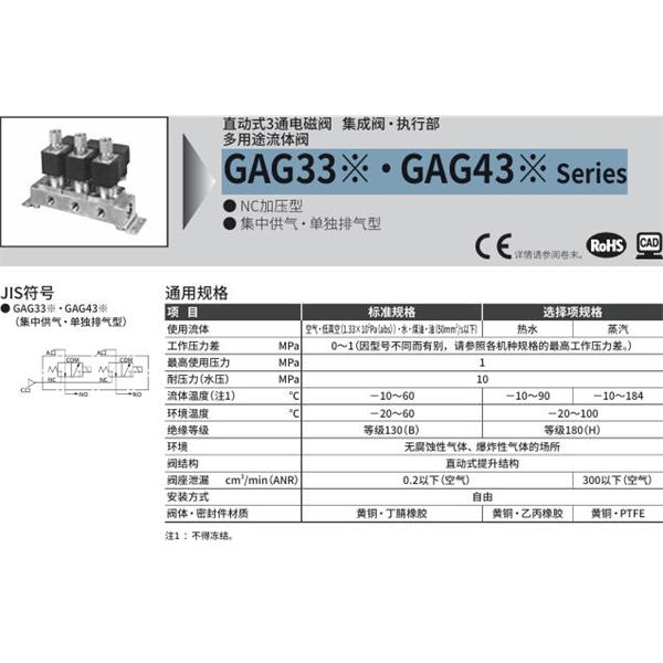 CKD喜開(kāi)理多種流體直動(dòng)式2通電磁集成閥GAG331-1-0-AC100V