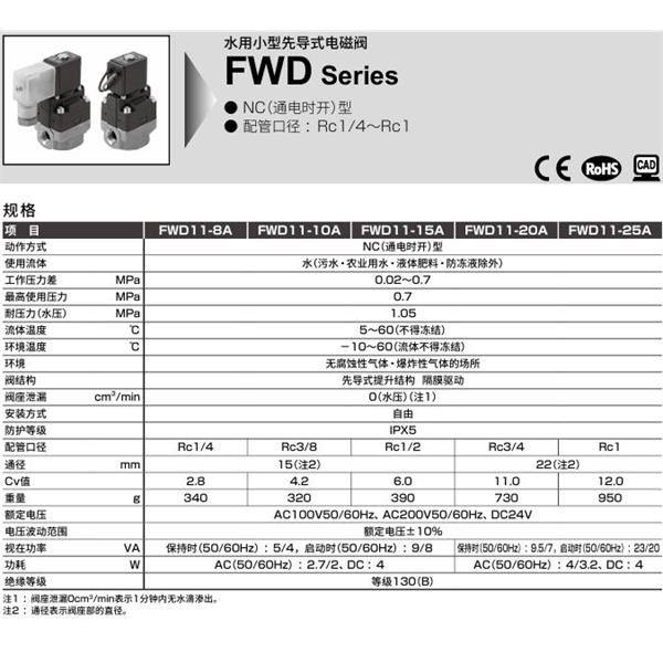 CKD喜開理水用小型先導(dǎo)式電磁閥FWD11-8G-02C-AC100V