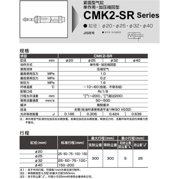 CKD喜開理緊固型氣缸 CMK2-SR-CC-20-100-T0H-R-JI
