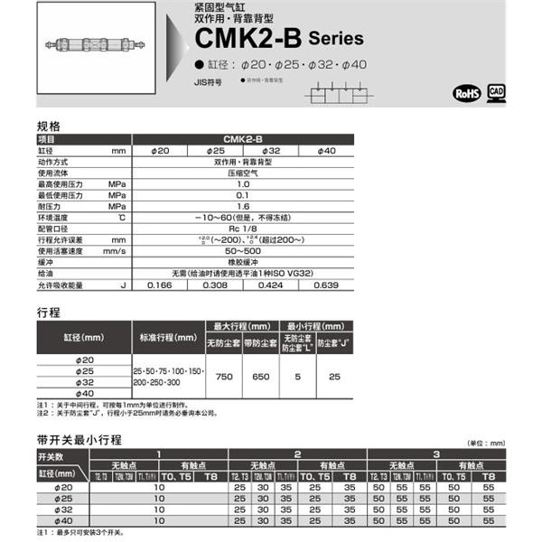 CKD喜開理緊固型氣缸CMK2-B-00-40-25-T0H-R-25-T0H-R-JI